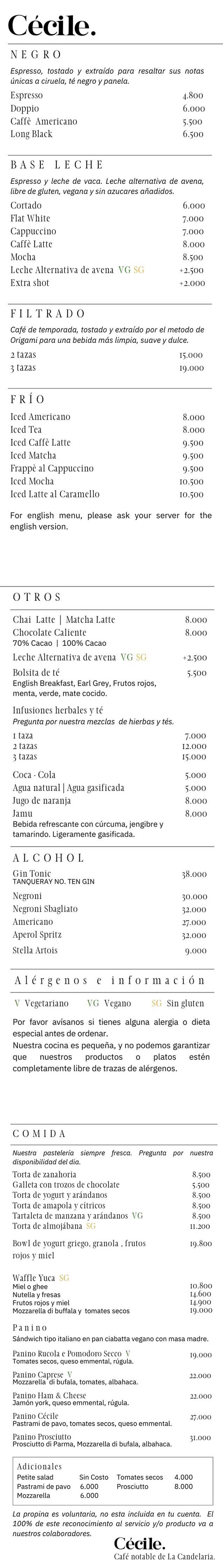 Carta Restaurante Cécile.