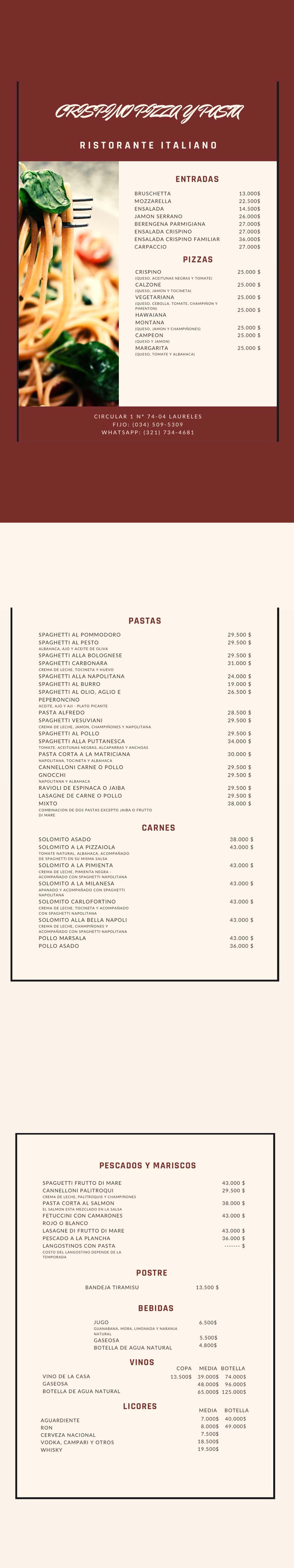 Carta Restaurante Crispino. Pizza y pasta