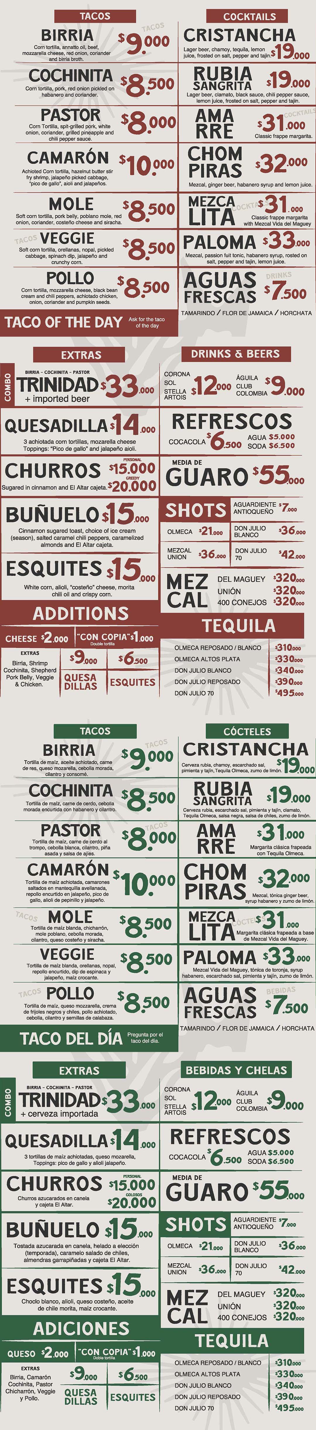 Carta Restaurante EL ALTAR