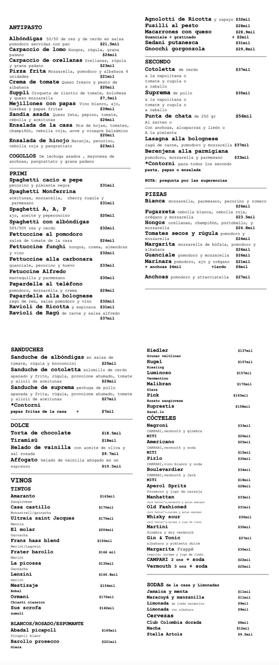 Carta Restaurante La Monferrina