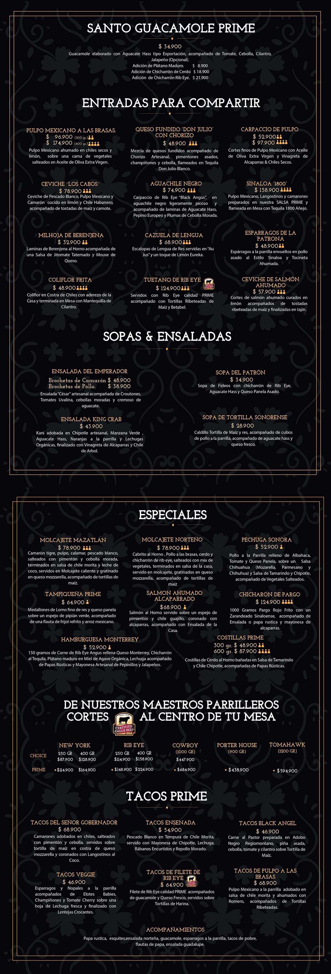 Carta Restaurante La Santa Guadalupe Prime