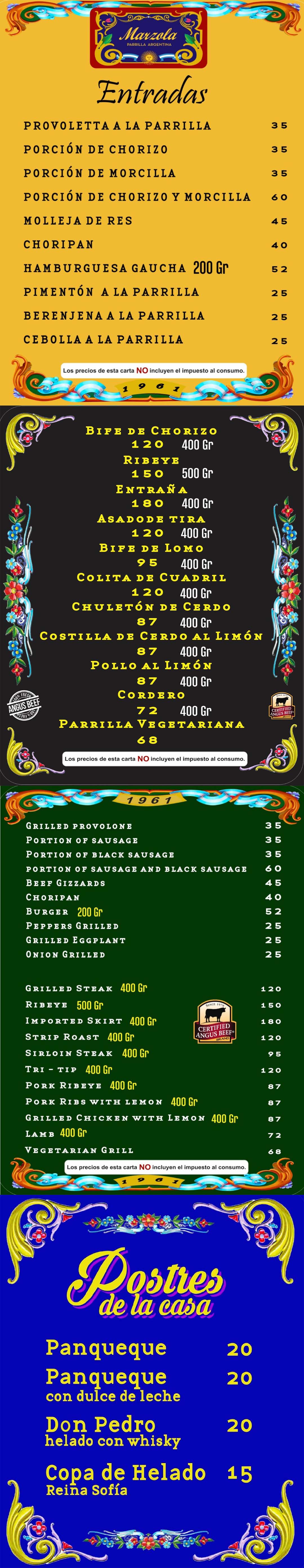 Carta Restaurante Marzola