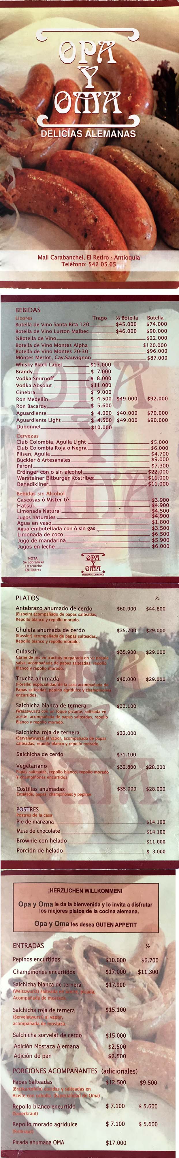Carta Restaurante Opa y Oma